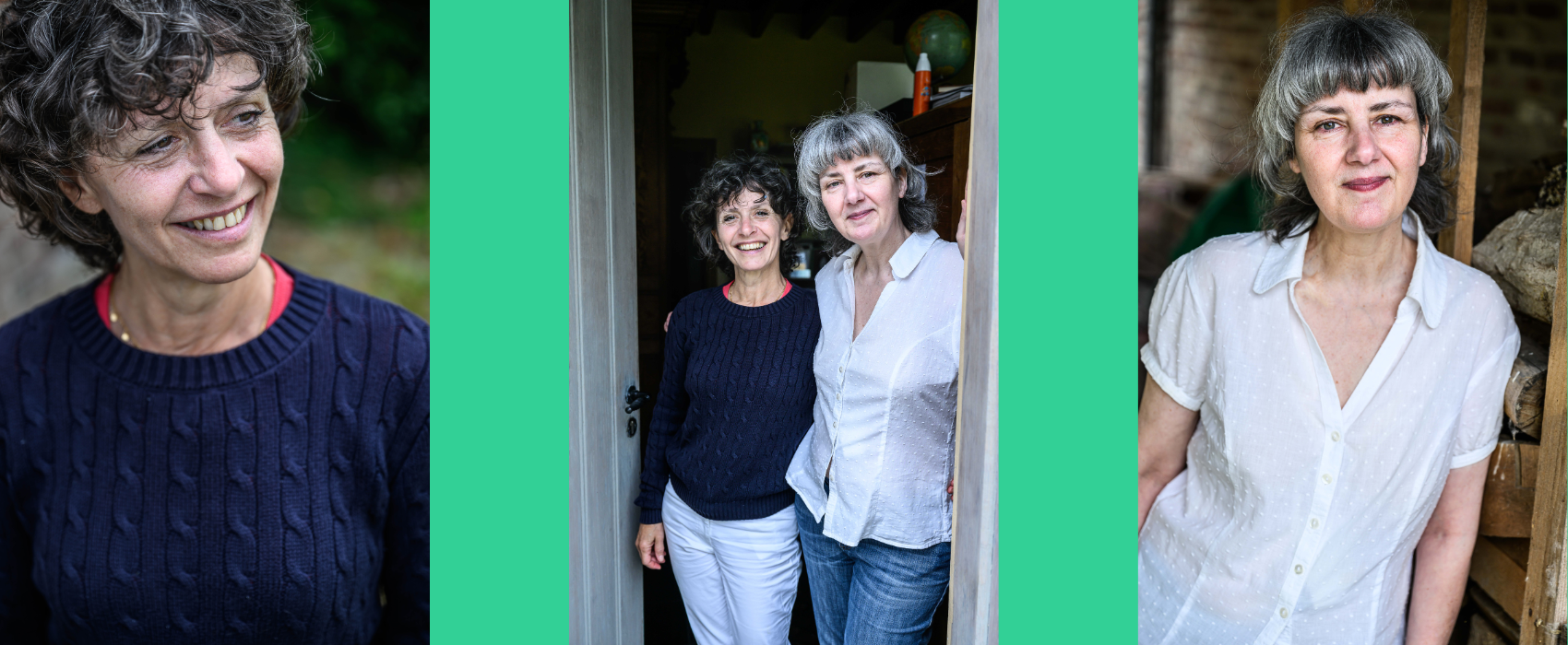 Collage van drie foto's: vertaalster Isabelle Rosselin apart, Isabelle Rosselin samen met Emmanuelle Tardif, en vertaalster Emmanuelle Tardif apart