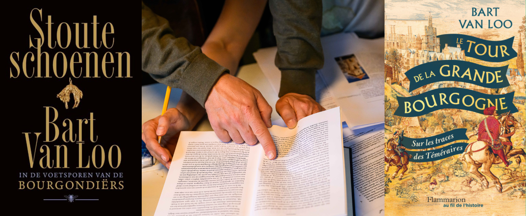 Cover 'Stoute schoenen', handen bij een manuscript, Cover 'Le Tour de la Grande Bourgogne'