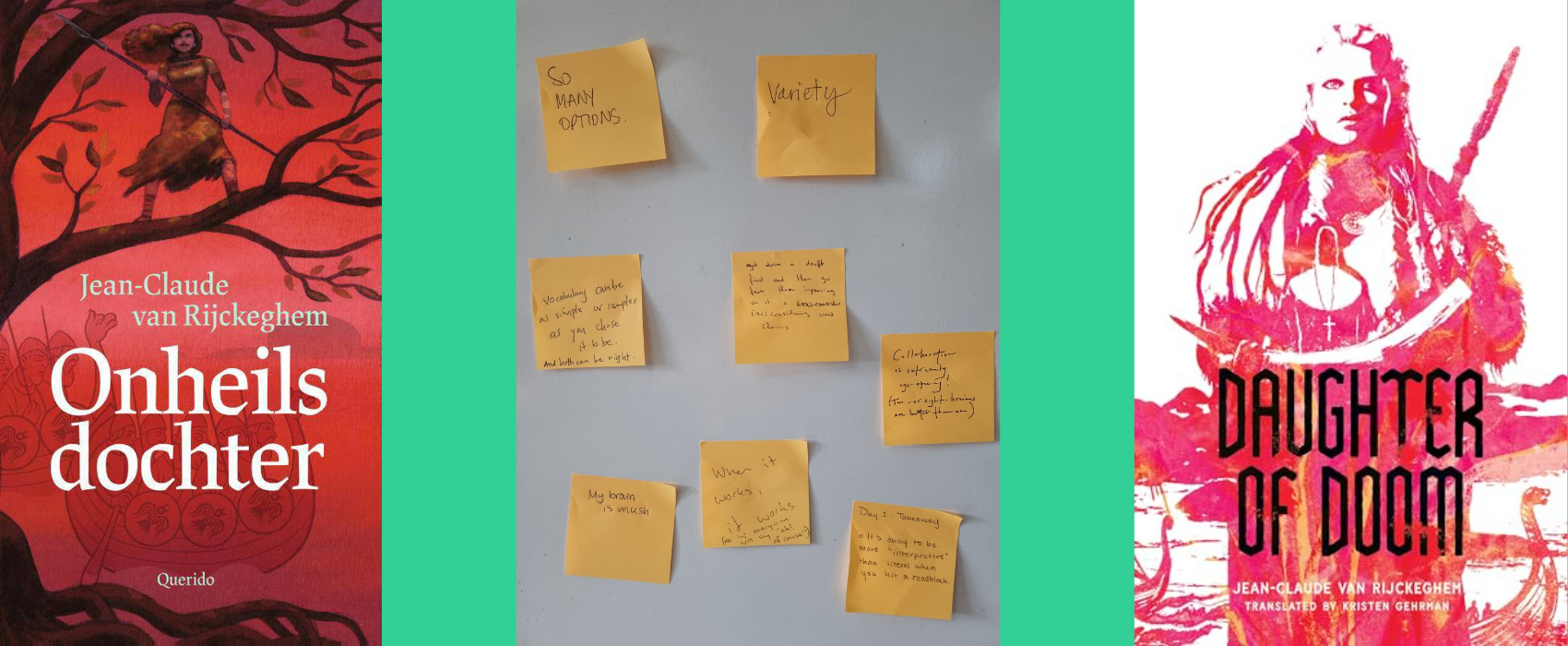 Nederlandse en Engelse uitgave van 'Onheilsdochter', tussenin foto van post-its met het denkproces van de vertalers
